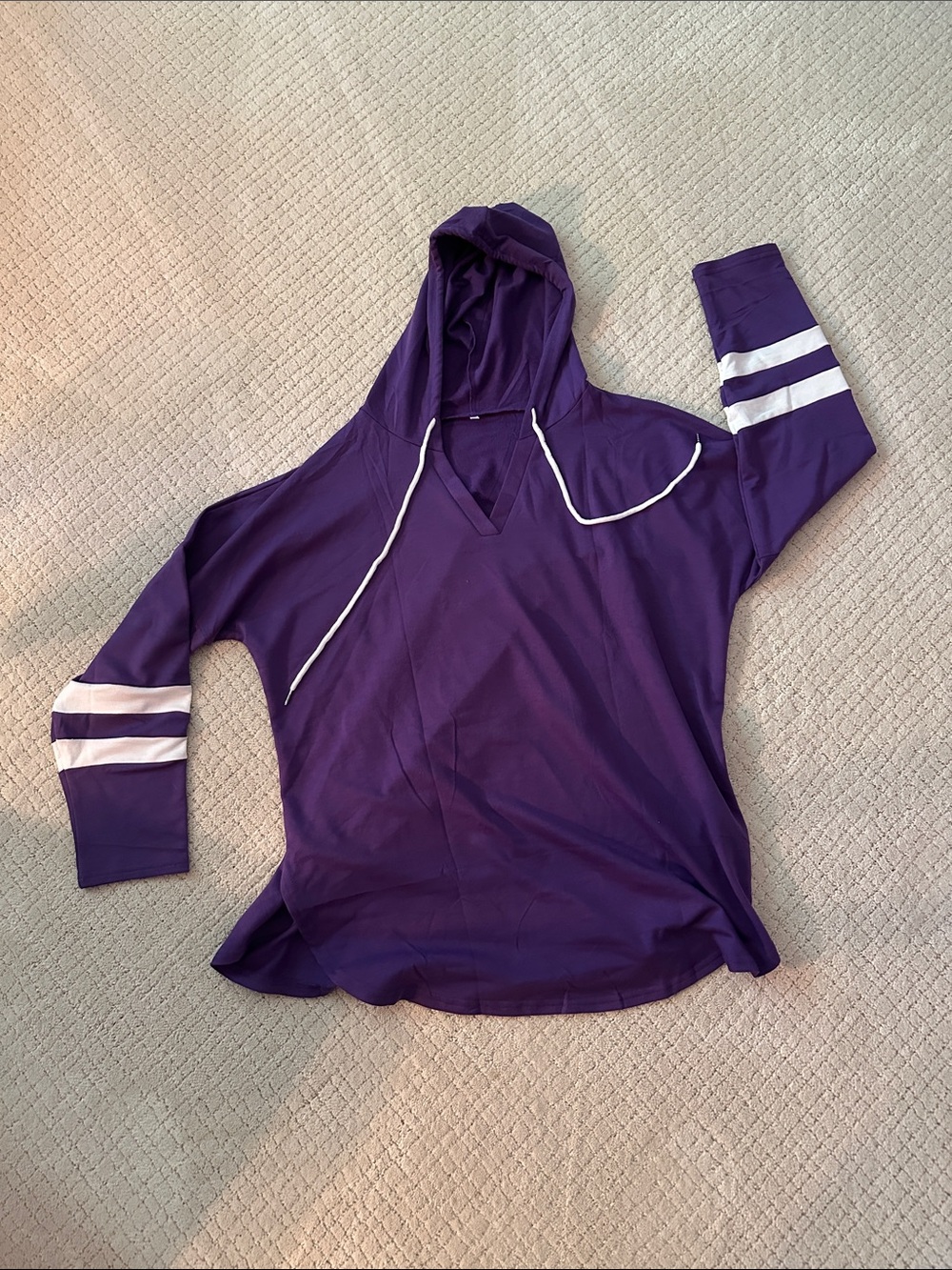 Purple Hooded Pullover with White Stripe Sleeve Accents